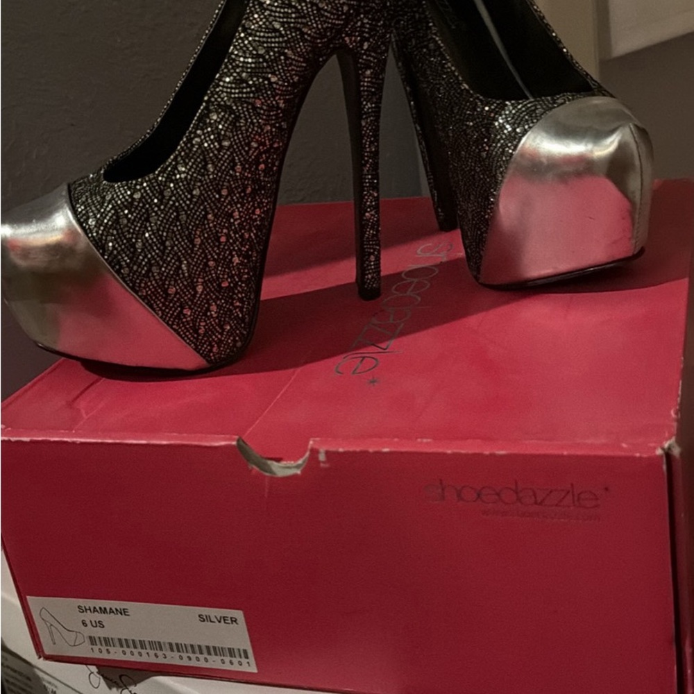 Shoe Dazzle Glamorous Silver and Black Heels